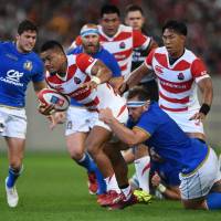 Japan right wing Lomano Lava Lemeki, seen in action against Italy last Saturday, retains his spot in the starting lineup for this weekend\'s test against Georgia. | AFP-JIJI
