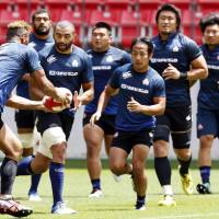 The Brave Blossoms conduct a workout on Friday ahead of Saturday\'s test against Georgia at Toyota Stadium. | KYODO