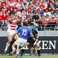 Work remains to be done for the Japan national team, seen in action against Italy on June 9, and the sport to achieve sustained success here after the 2019 Rugby World Cup. | KYODO