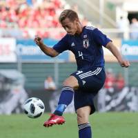 Japan\'s Keisuke Honda takes a shot on goal during Friday\'s friendly with Switzerland in Lugano. | AFP-JIJI
