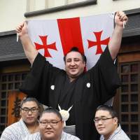 Tochinoshin celebrates his promotion to sumo\'s second-highest rank of ozeki on Wednesday. | KYODO