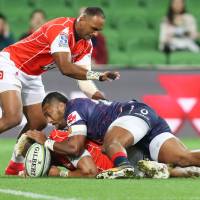 The Sunwolves\' Semisi Masirewa (left), seen in action against the Rebels on May 25, is in the Super Rugby team\'s starting lineup for Sunday\'s match against the Brumbies in Canberra, Australia. | AFP-JIJI