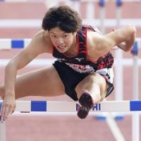 Taio Kanai competes in the men\'s 110-meter hurdles on Sunday at the national athletics championships in Yamaguchi. | KYODO