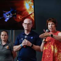 Alex Young, solar scientist at NASA\'s Goddard Space Flight Center (middle), Nicola Fox, Parker Solar Probe project scientist at Johns Hopkins Applied Physics Laboratory (right), and Betsy Congdon, also from the university\'s APL and a lead engineer on the mission, speak during a briefing at Kennedy Space Center in Cape Canaveral, Florida, on Friday. | REUTERS