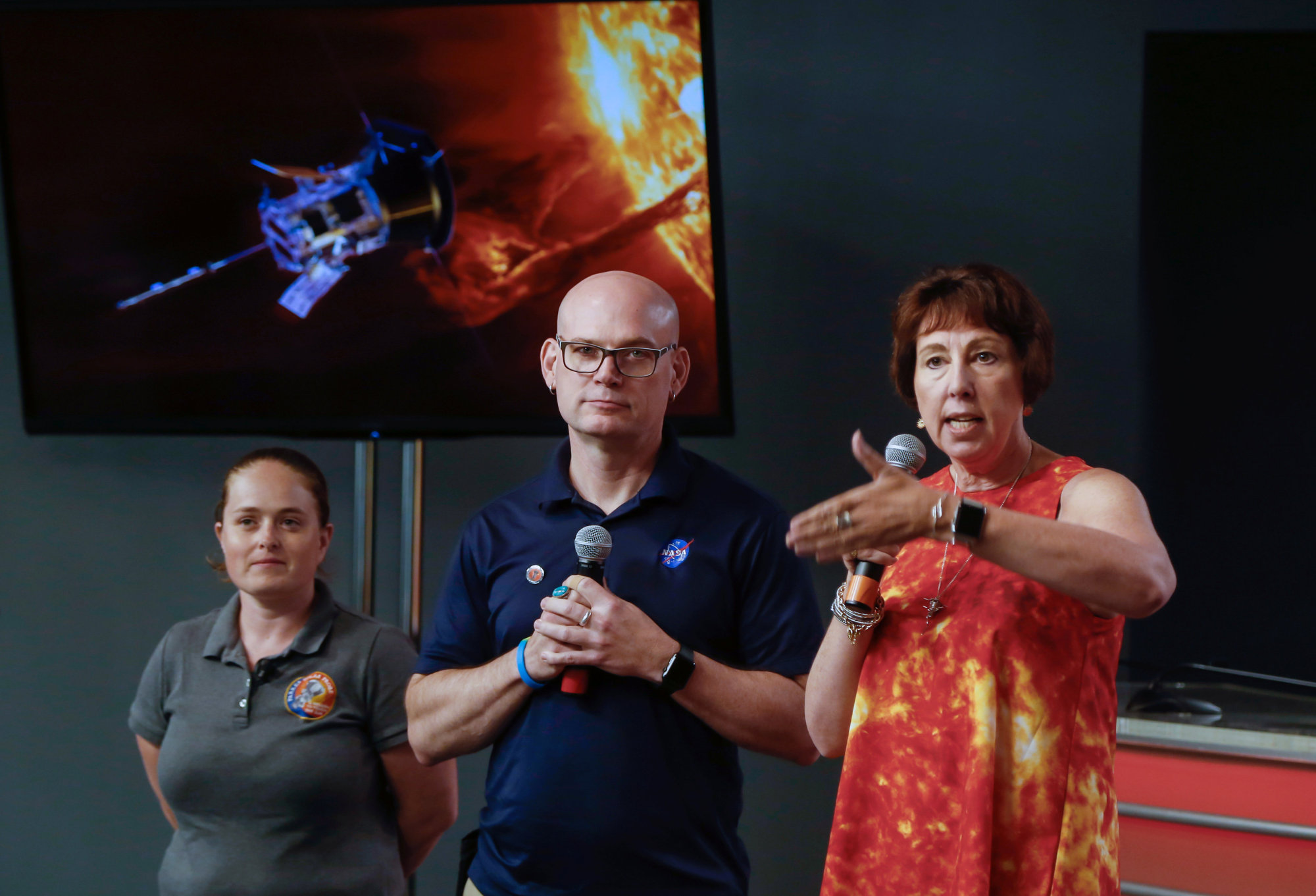 Alex Young, solar scientist at NASA's Goddard Space Flight Center (middle), Nicola Fox, Parker Solar Probe project scientist at Johns Hopkins Applied Physics Laboratory (right), and Betsy Congdon, also from the university's APL and a lead engineer on the mission, speak during a briefing at Kennedy Space Center in Cape Canaveral, Florida, on Friday. | REUTERS