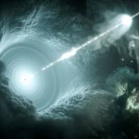 An artist\'s impression of the active galactic nucleus shows the supermassive black hole at the center of the accretion disk sending a narrow high-energy jet of matter into space, perpendicular to the disc in this image by Science Communication Lab in Kiel Germany, released on July 12. In a study published in the journal Science, researchers have determined that a supermassive black hole like this one is the source of high-energy neutrinos detected on Earth. | REUTERS