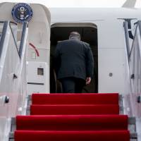 U.S. Secretary of State Mike Pompeo boards his plane at Sunan International Airport in Pyongyang on Saturday after two days of meetings with Kim Yong Chol, a North Korean senior ruling party official and former intelligence chief. | AP