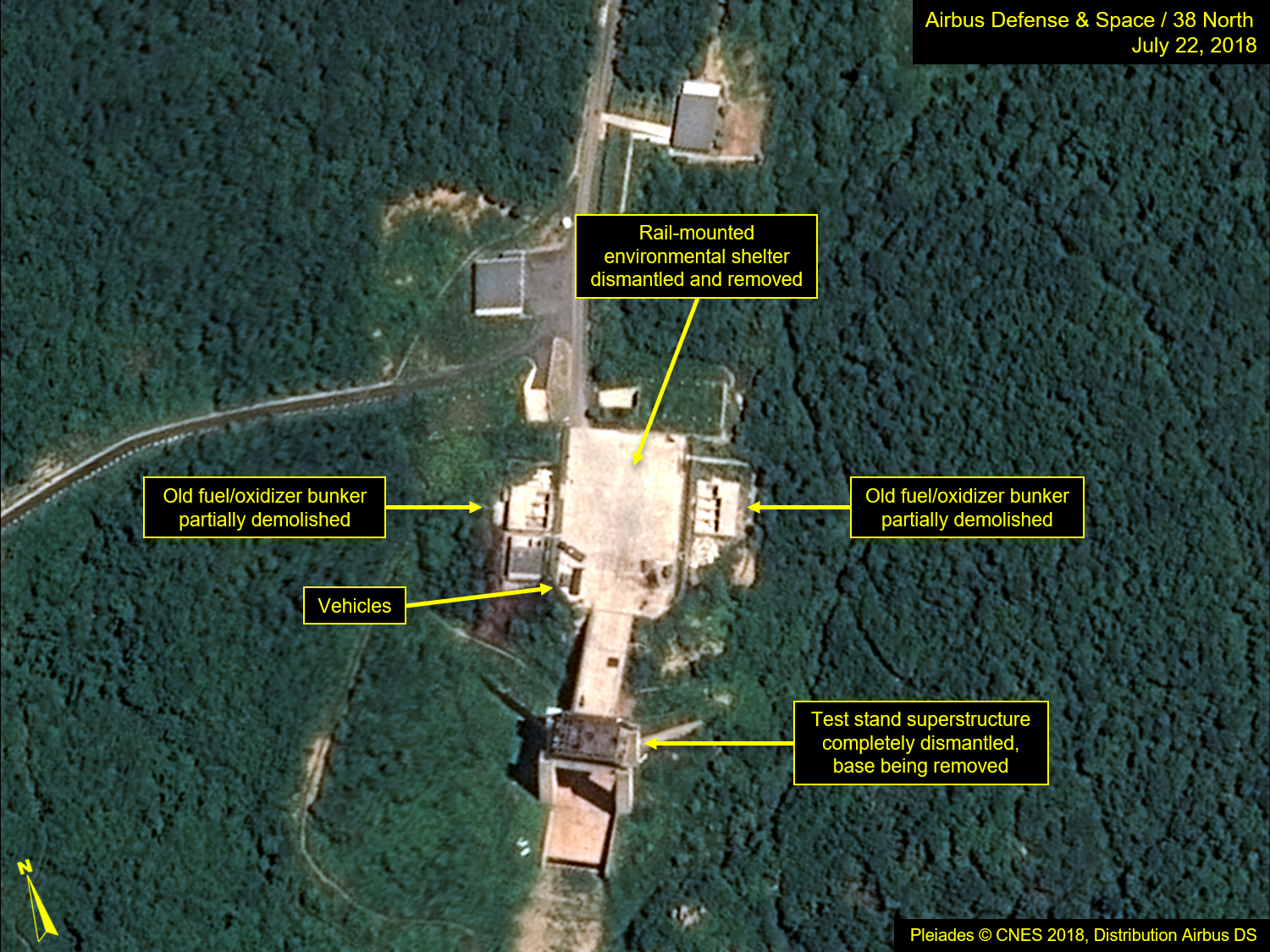 Satellite image courtesy of Airbus Defense and Space and 38 North dated Sunday and obtained Monday shows the apparent dismantling of facilities at the Sohae satellite launching station in North Korea. North Korea appears to have started dismantling key facilities at the rocket-engine test center, a group of experts said, potentially marking a significant step after last month's summit between Kim Jong Un and President Donald Trump. | PLéIADES © CNES 2018, DISTRIBUTION AIRBUS DS / HANDOUT / VIA AFP-JIJI