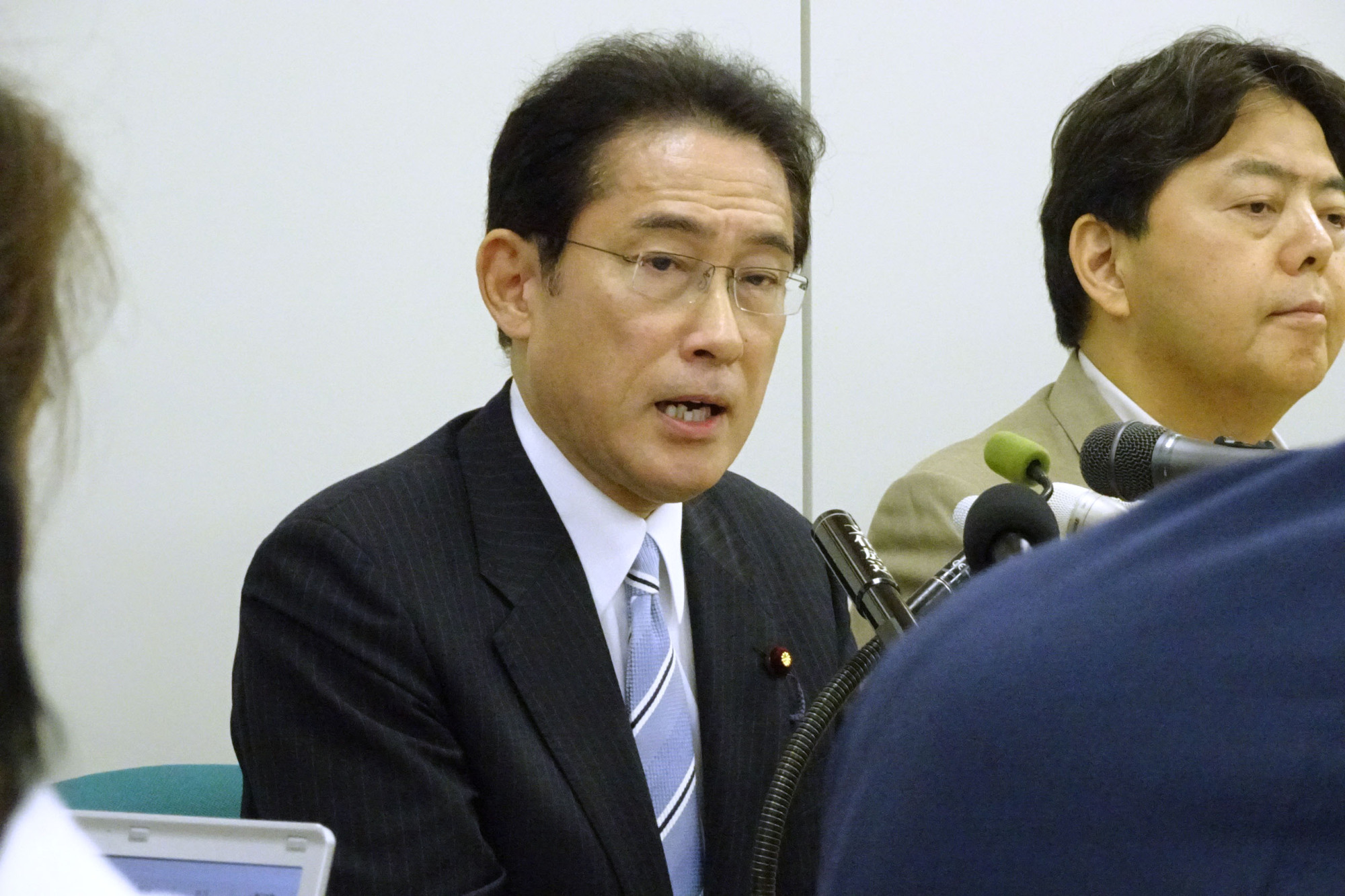 Fumio Kishida, policy chief of the ruling Liberal Democratic Party, speaks at a news conference on Tuesday in Tokyo. | REIJI YOSHIDA