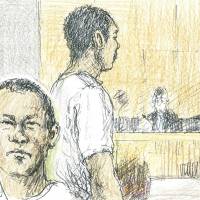A courtroom sketch depicts Lampano Jerico Mori in his first court hearing, where he admitted to the rape and murder of a female university student in Ibaraki Prefecture in 2004. | KYODO