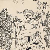 Original drawing for \"Pippi Goes Abroad\" (\"Pippi at the Gate\"), illustration by Ingrid Vang Nyman (1945-46) | NATIONAL LIBRARY OF SWEDEN, STOCKHOLM / SWEDEN, &#169;THE ASTRID LINDGREN COMPANY. COURTESY OF THE NATIONAL LIBRARY OF SWEDEN, STOCKHOLM