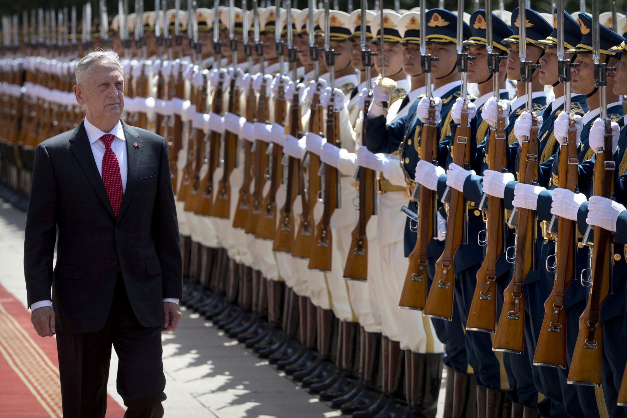 James Mattis reviews a Chinese honor guard during a welcome ceremony in Beijing on June 27. The U.S. secretary of defense has called the Free and Open Indo-Pacific strategy the centerpiece of the Trump administration. | REUTERS