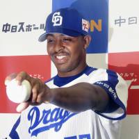 New Chunichi Dragons left-hander Joely Rodriguez attends an introductory news conference on Wednesday at Nagoya Dome. | KYODO