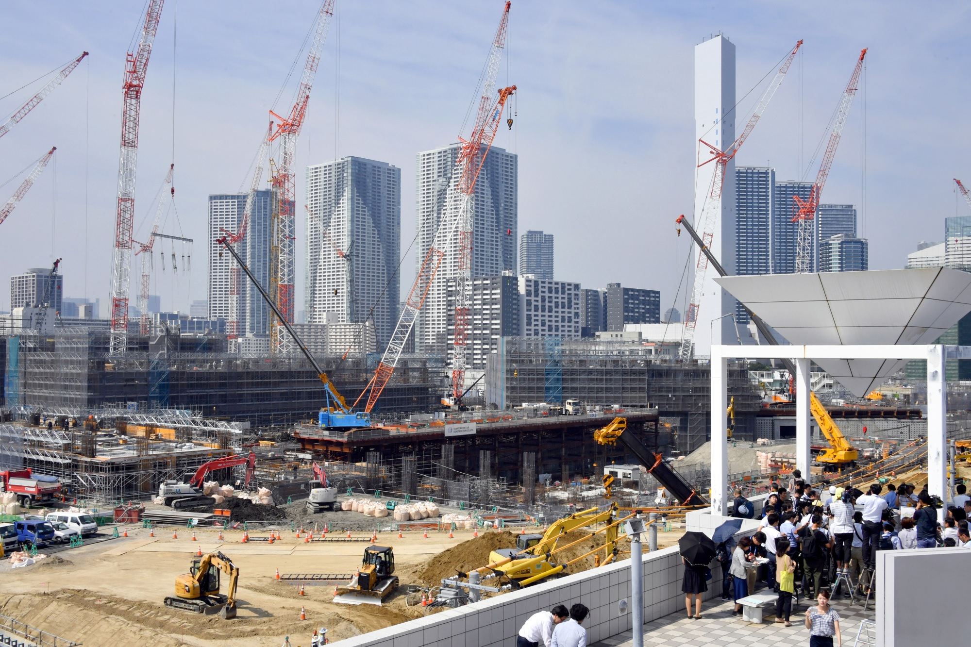 Construction on the Olympic Village, seen on Tuesday, continues in Chuo Ward ahead of the 2020 Tokyo Games. | YOSHIAKI MIURA