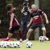 Andres Iniesta participates in his first training session with Vissel Kobe on Friday in Kobe. | KYODO
