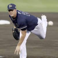 Orix Buffaloes southpaw Andrew Albers earned the win by retiring six of the seven batters he faced in two innings. | KYODO