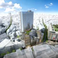 An artist rendering shows discount retailer Don Quijote Holdings Co. Ltd.\'s planned high-rise complex, scheduled to open in Tokyo\'s Shibuya district in 2022. | DON QUIJOTE HOLDINGS CO.