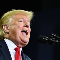 U.S. President Donald Trump speaks during a campaign rally at Ford Center in Evansville, Indiana, on Thursday. | AFP-JIJI