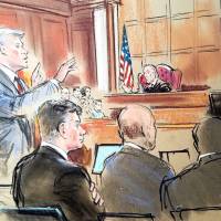Accountant Cynthia Laporta (right) is shown in a courtroom sketch during testimony as the prosecutor Greg Andres (second, left), gestures on the fifth day of trial of U.S. President Donald Trump\'s former campaign chairman, Paul Manafort (front, lleft), on bank and tax fraud charges stemming from special counsel Robert Mueller\'s investigation into Russian meddling in the 2016 U.S. presidential election, in federal court in Alexandria, Virginia, Monday. | BILL HENNESSY / VIA REUTERS