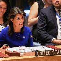 United States Ambassador to the U.N. Nikki Haley speaks during a United Nations Security Council meeting on the situation in Myanmar at U.N. Headquarters in New York on Tuesday. | DOMINICK REUTER / VIA AFP-JIJI