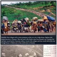 A combination of screenshots shows (top) an image taken from the Pulitzer Prize website depicting the migration of Rwandan Hutu refugees in 1996 following violence in Rwanda. The same image (bottom) appears in the Myanmar army\'s recently published book on the Rohingya, converted to black-and-white, describing the people as Bengalis entering the country following the British colonial occupation of lower Myanmar. | MARTHA RIAL / PITTSBURGH POST-GAZETTE / THE PULITZER PRIZES (TOP) AND MYANMAR POLITICS AND THE TATMADAW: PART 1 / VIA REUTERS