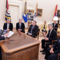 U.S. President Donald Trump holds a meeting on North Korea in the Oval Office on Friday afternoon in this photo posted to the official Twitter account of the White House\'s director of social media, Dan Scavino Jr. | REUTERS