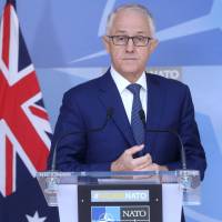 Australian Prime Minister Malcolm Turnbull speaks at a news conference in Brussels on April 24. | REUTERS