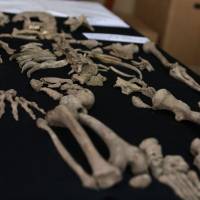 A human skeleton recovered at the Chavin de Huantar archaeological site, 462 km north of Lima, where archaeologists using small robots equipped with micro cameras found the intact burial of a person and pottery, is seen Monday. | PERUVIAN MINISTRY OF CULTURE / VIA AFP-JIJI