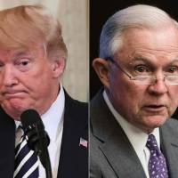This combination of pictures created on Wednesday shows U.S. President Donald Trump (left) during a joint press conference in the East Room of the White House in Washington Monday and U.S. Attorney General Jeff Sessions addressing the National Sheriffs\' Association opioid roundtable in Washington on May 3. Trump called on Sessions to end the investigation into Russia\'s interference in the 2016 U.S. elections, calling it \"a disgrace to USA.\" | AFP-JIJI