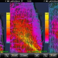 Screenshots of Safecast\'s new iPhone application, showing the area around Fukushima Dai-ichi with different filters | VIETNAM NEWS AGENCY / VIA AFP-JIJI