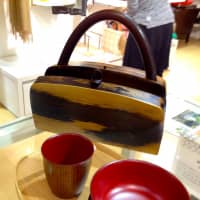 Wooden hand bag and lacquered cup and bowl from Yuzuriha craft shop. www.yuzuriha.jp | AP