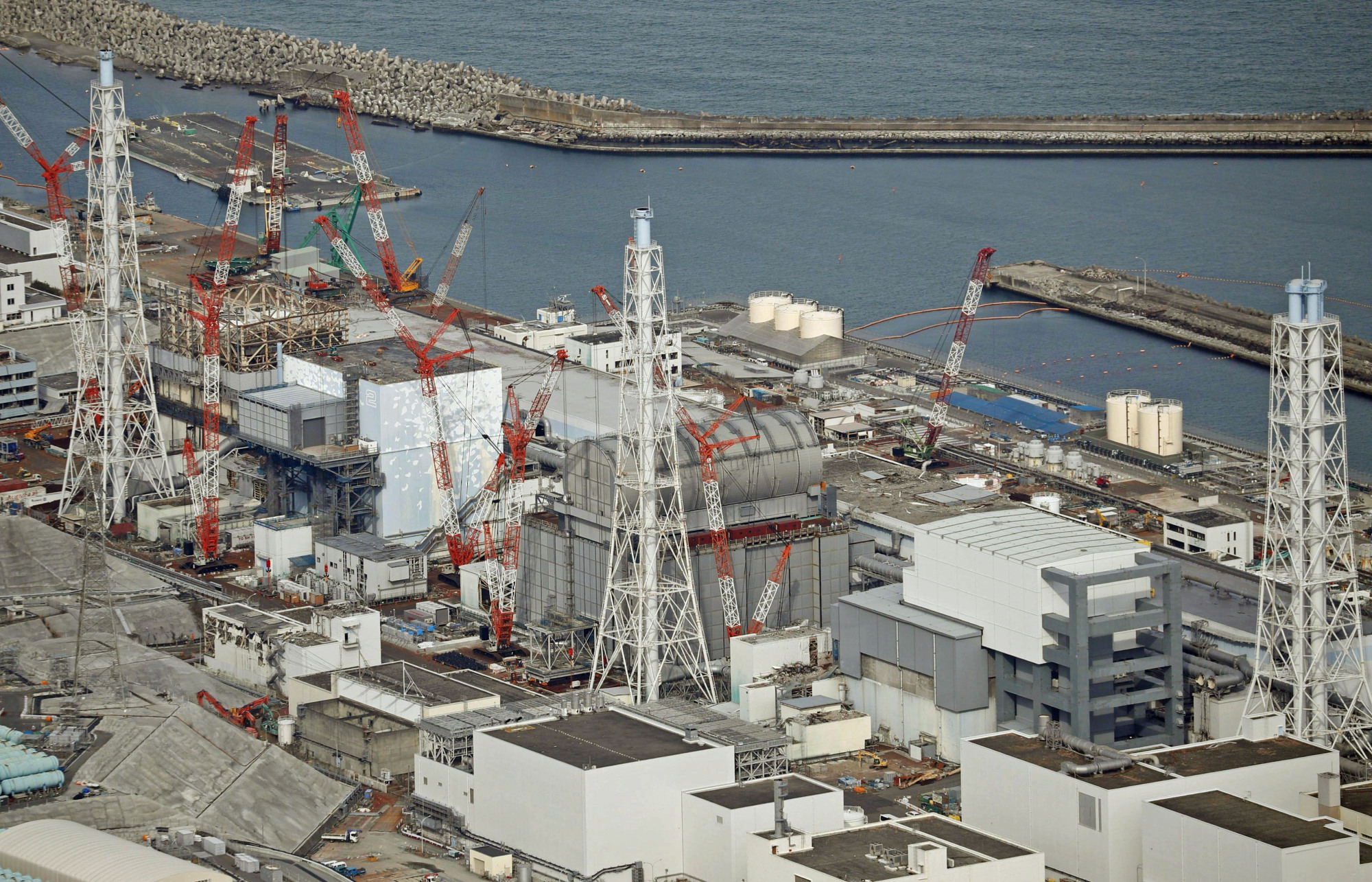 The defunct Fukushima No. 1 nuclear power plant, which was hit by a triple core meltdown in March 2011, is shown in February. | KYODO