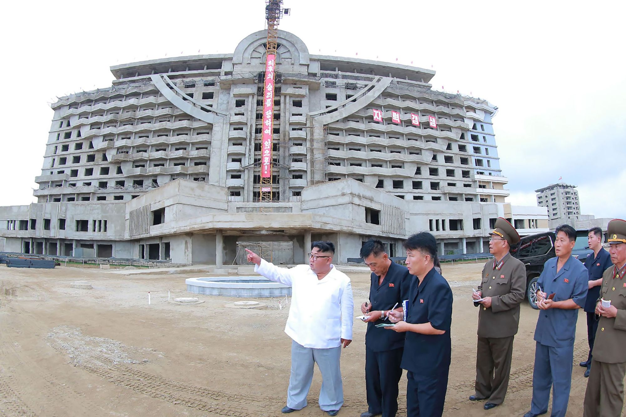 North Korean leader Kim Jong Un inspects the construction site for the Wonsan-Kalma coastal tourist area in Kangwon Province in this photo released on Friday. | AFP-JIJI