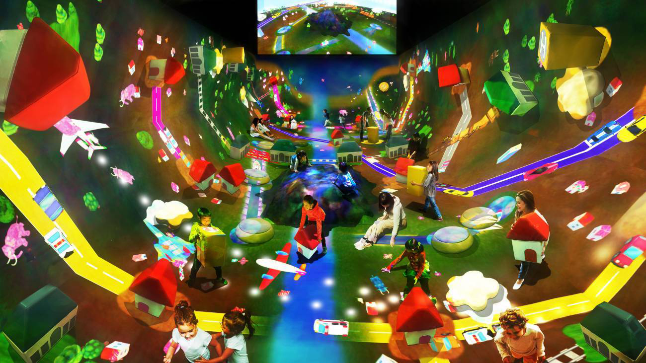 It's a small world: In the Inverted Globe, Giant Connecting Block Town section of Mori Building Digital Art Museum: teamLab Borderless, kids can  create their own digitally connected communities. | COURTESY OF TEAMLAB