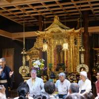 Stars of the slow life: From left to right: Shinichi Tsuji, C.W. Nicol, Koichi Kaizawa, Wong Win Tsan and Tsuji Takayuki speak at a panel event at Zenjryoji temple. | TAKESHI ASANO