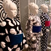 Strong stance: Hiroko Takahashi\'s mannequins, posing in her modern, graphic yukata (summer kimono). | KIT NAGAMURA