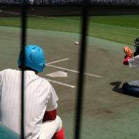 A Chiben Wakayama player watches a teammate receive a pitch. | LANCE HENDERSTEIN