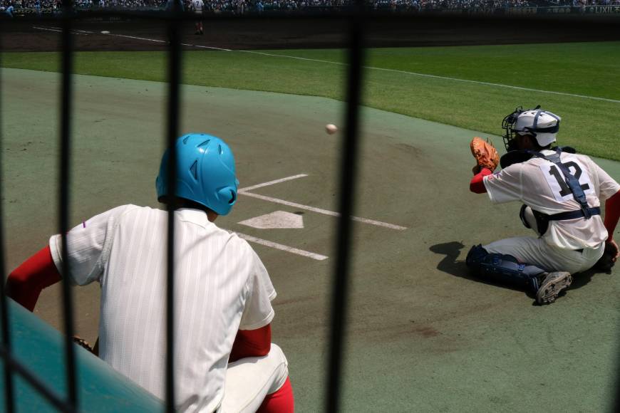 A Chiben Wakayama player watches a teammate receive a pitch.