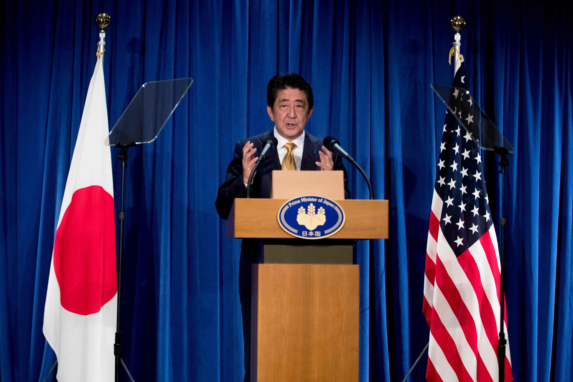 Prime Minister Shinzo Abe speaks during a news conference on the sidelines of the U.N. General Assembly in New York on Wednesday. | AFP-JIJI