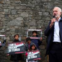 British Labour Party leader Jeremy Corbyn speaks at a vigil for peace in Yemen during the annual Labour Party Conference in Liverpool, Britain, Sunday. | REUTERS