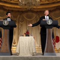 U.S. President Donald Trump speaks during a news conference with Prime Minister Shinzo Abe in Palm Beach, Florida, in April. | REUTERS