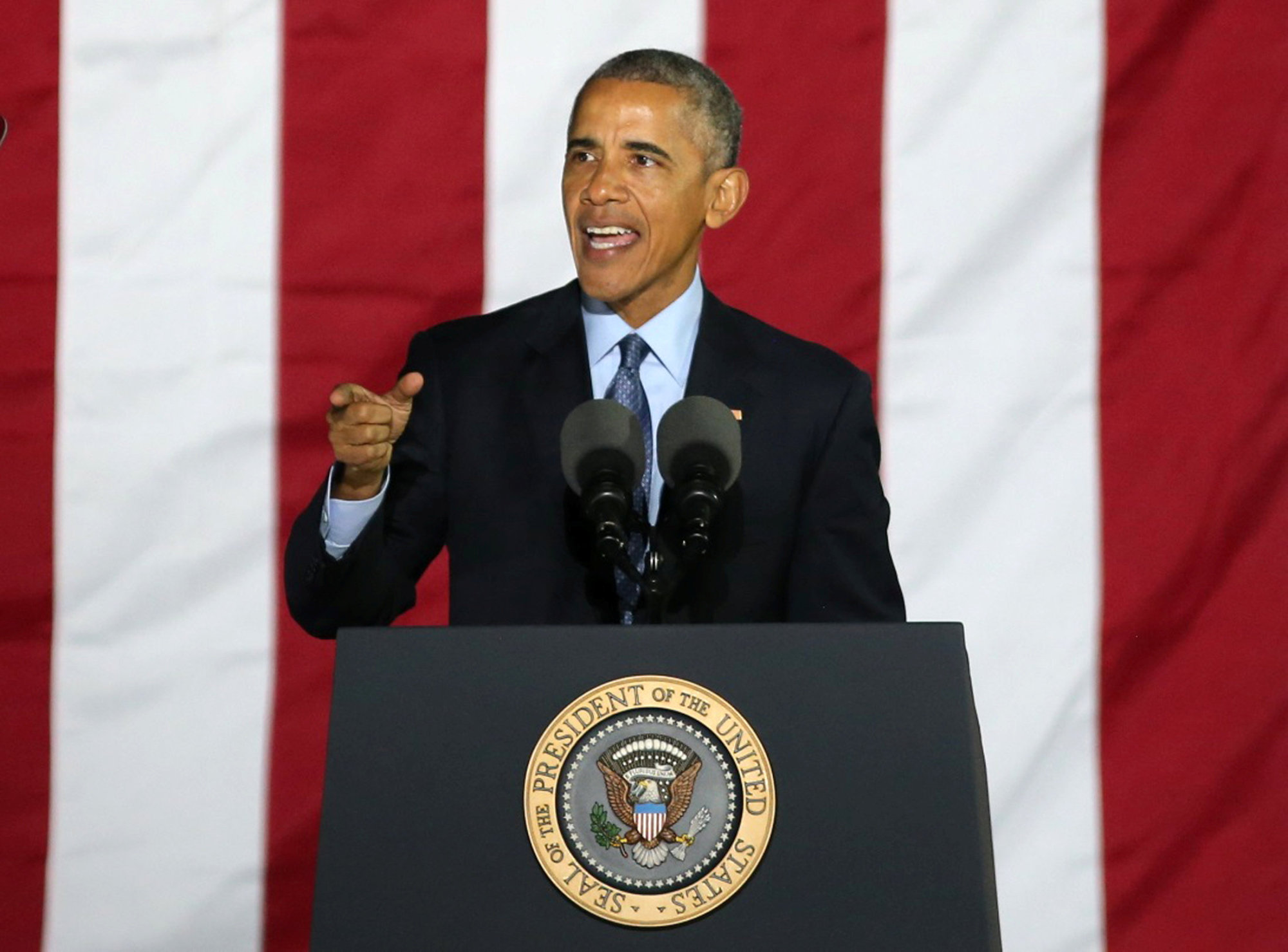 Then-U.S. President Barack Obama speaks during a campaign event for Hillary Clinton in Philadelphia on Nov. 7, 2016. | REUTERS