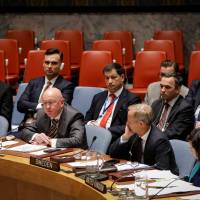 Vassily Nebenzia, Russian ambassador to the United Nations, speaks during a United Nations Security Council meeting about a chemical attack on former Russian spy Sergei Skripal and his daughter using a military-grade nerve agent, at the U.N. headquarters in New York City Thursday. | REUTERS
