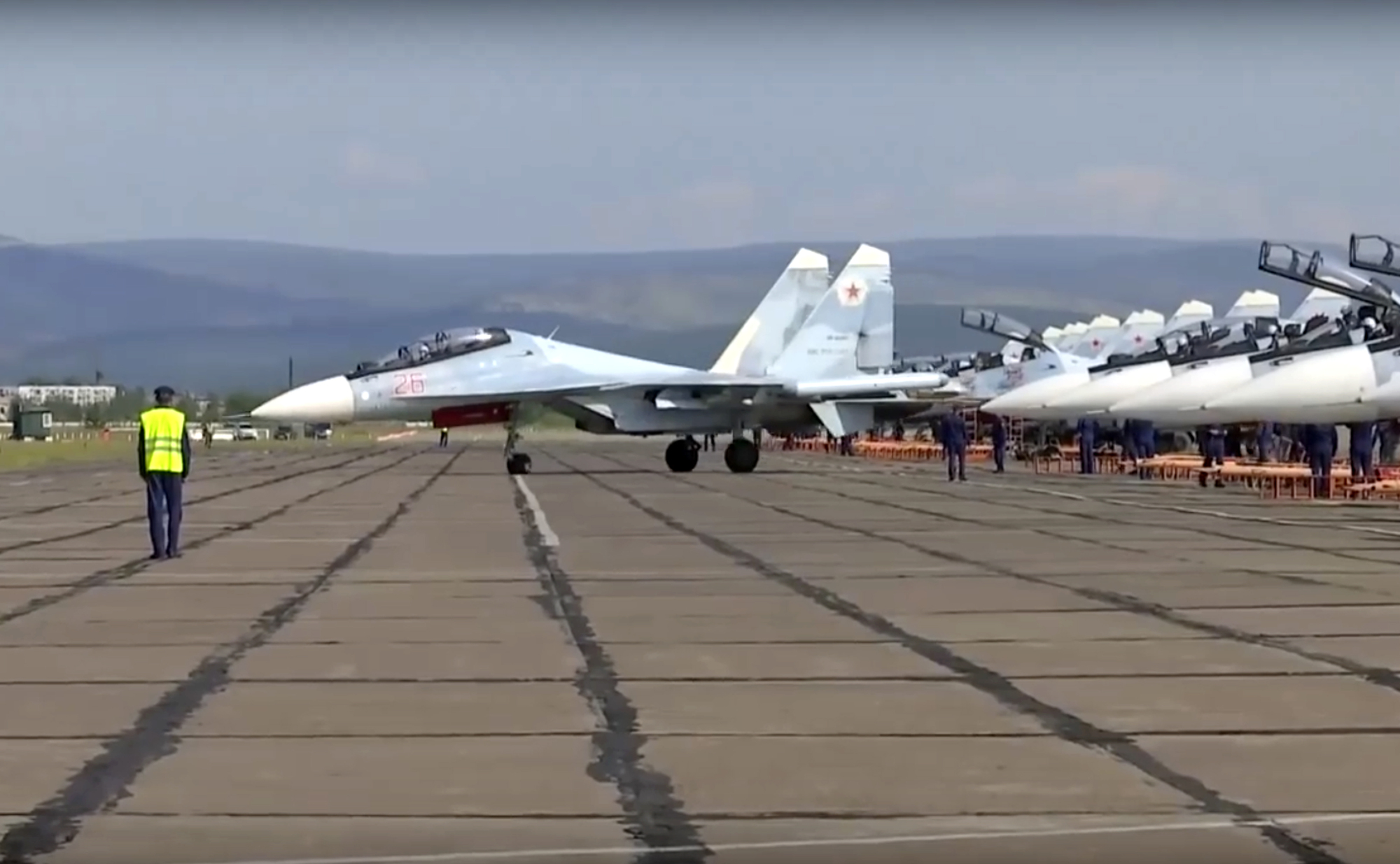 In this frame grab taken from video, provided by the Russian Defense Ministry Press Service on Tuesday, a Russian fighter prepares to take off during the military exercises in the Chita region, Eastern Siberia, during the Vostok 2018 exercises in Russia. Russia's military chief of staff says that the military exercises expected to be the biggest in three decades, will involve nearly 300,000 troops. | RUSSIAN DEFENSE MINISTRY PRESS SERVICE POOL PHOTO / VIA AP