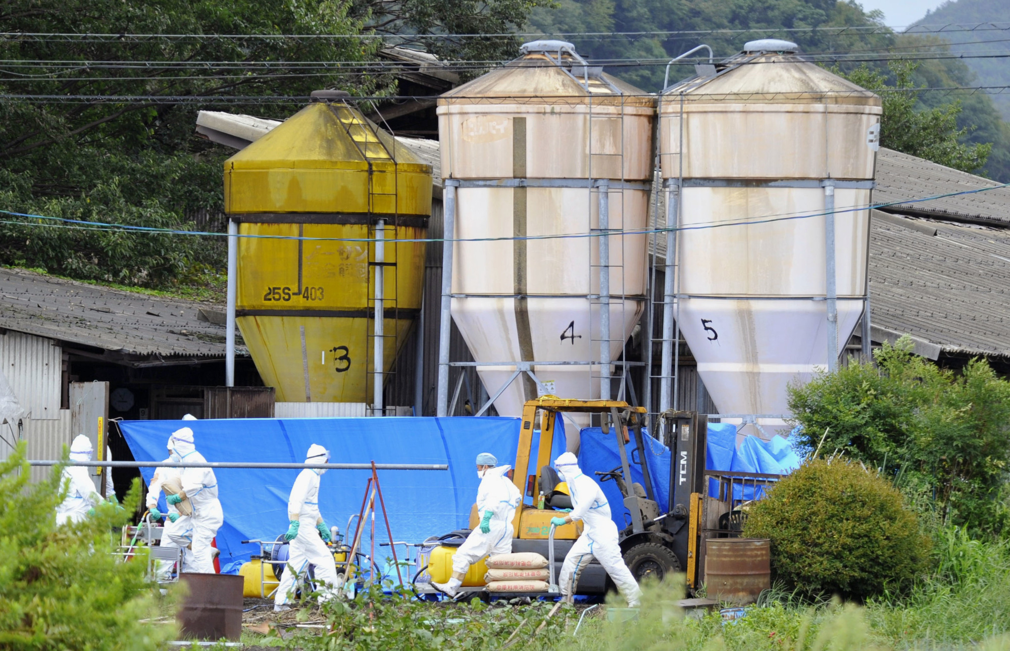 Officials disinfect a farm in the city of Gifu on Sunday after a pig that died there was confirmed as having swine fever. | KYODO
