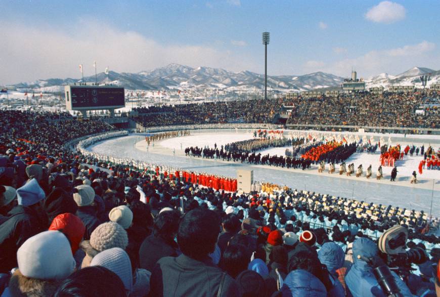 Athletes gather at the Makomanai Speed Skating Rink on Feb. 3, 1972, for the Opening Ceremony of the Sapporo Winter Olympics. | KYODO