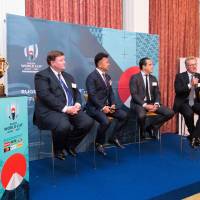 (From right) Michael Lynagh, Dow Jones Corporate managing director of Europe, the Middle East and Africa; Raphael Cheminat, Societe Generale group country head for Japan; Yoshihito Yoshida, head coach of the Rugby Sevens Club, Samurai Seven; and David Carrigy, head of World Rugby development and international relations, attend the &#34;Celebrate Rugby World Cup 2019 at the One Year to Go Event\'&#34; talk show that was held at the British Embassy in Tokyo on Sept. 19. | COURTESY OF DOW JONES