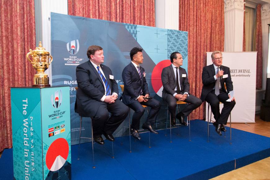 (From right) Michael Lynagh, Dow Jones Corporate managing director of Europe, the Middle East and Africa; Raphael Cheminat, Societe Generale group country head for Japan; Yoshihito Yoshida, head coach of the Rugby Sevens Club, Samurai Seven; and David Carrigy, head of World Rugby development and international relations, attend the 
