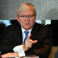 Former Australian Prime Minister Kevin Rudd speaks during an interview at a Tokyo hotel on Wednesday. | YOSHIAKI MIURA