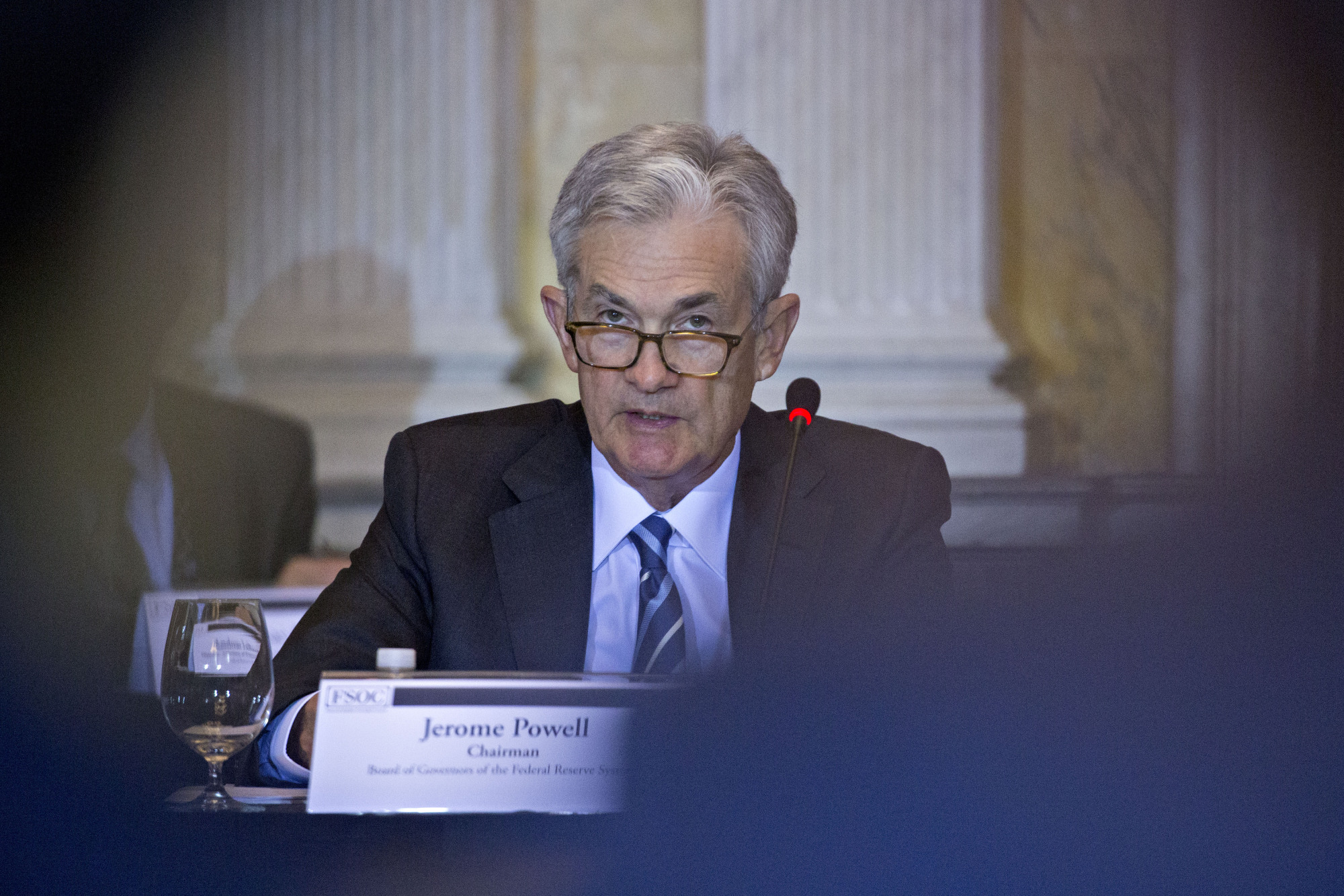 Jerome Powell, chairman of the U.S. Federal Reserve, speaks during a Financial Stability Oversight Council (FSOC) meeting at the U.S. Treasury in Washington, on Tuesday. | BLOOMBERG